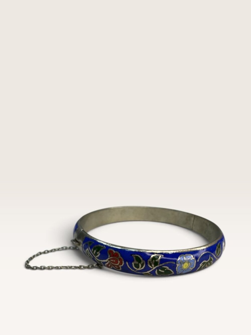 Royal Blue Cloisonne Enamel Floral Silver Tone Hinged Bangle Bracelet 7.5"